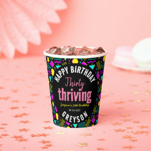 Thirty & Thriving Black and Retro 30th Birthday Paper Cups