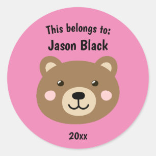 This Belongs to Back to School Brown Bear Pink Classic Round Sticker