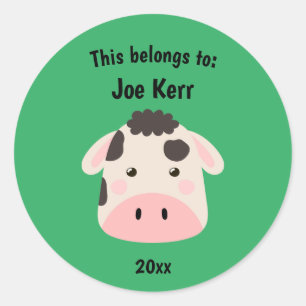This Belongs to Back to School Cute Cow Green Classic Round Sticker