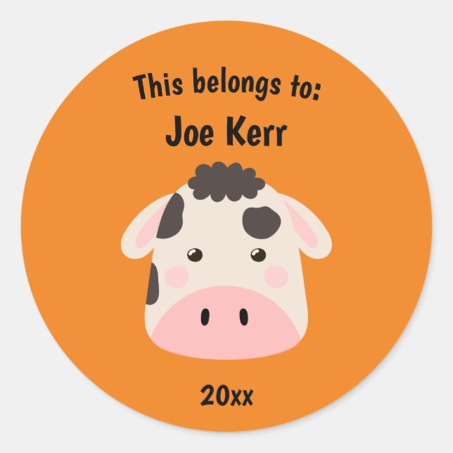 This Belongs to Back to School Cute Cow Orange Classic Round Sticker (Front)