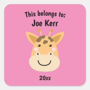 This Belongs to Back to School Cute Giraffe Pink Square Sticker