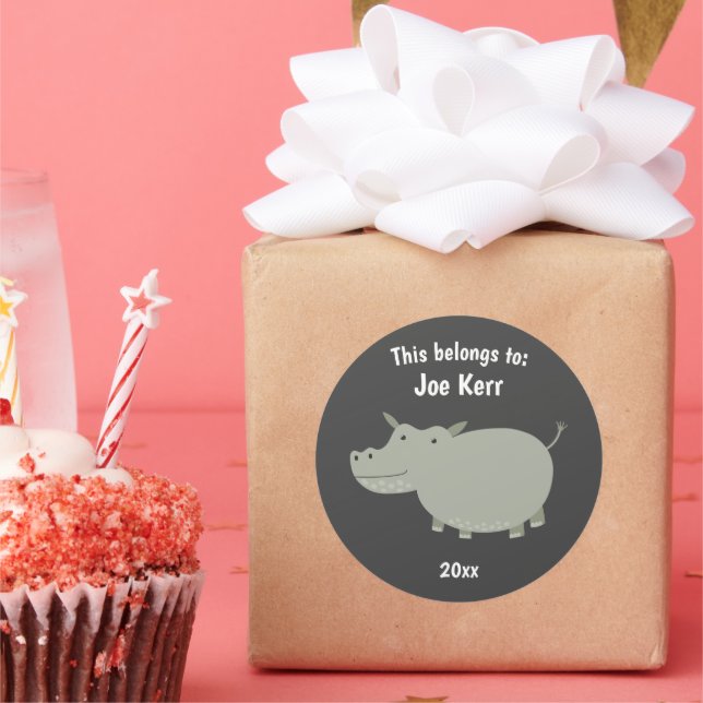 This Belongs to Back to School Cute Hippo Grey Classic Round Sticker (Party)
