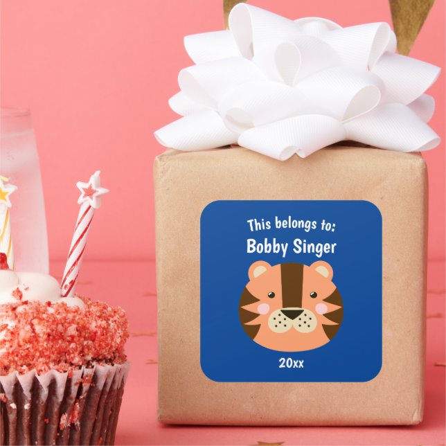 This Belongs to Back to School Cute Tiger Dk Blue Square Sticker (Party)