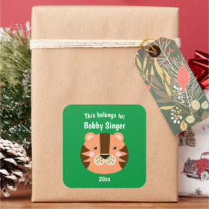 This Belongs to Back to School Cute Tiger Green Square Sticker