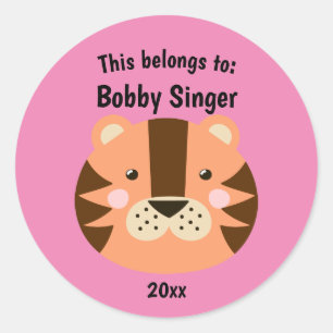 This Belongs to Back to School Cute Tiger Pink Classic Round Sticker