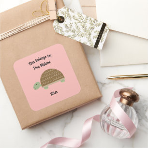 This Belongs to Back to School Cute Turtle Salmon Square Sticker