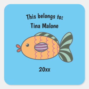This Belongs to Back to School Fish Blue Square Sticker