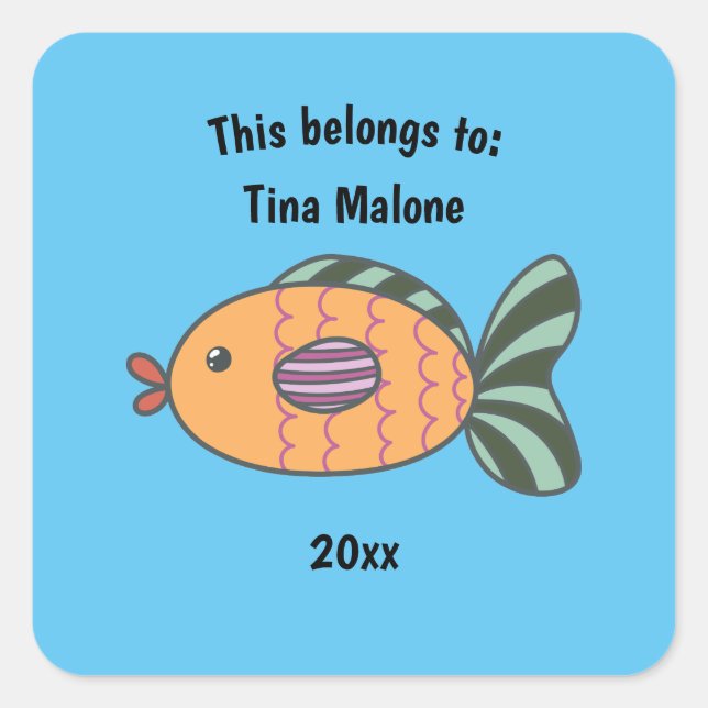 This Belongs to Back to School Fish Blue Square Sticker (Front)