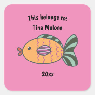 This Belongs to Back to School Fish Pink Square Sticker