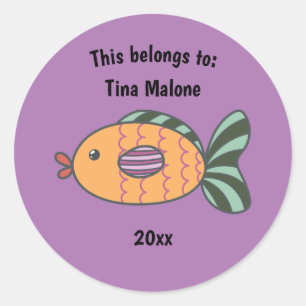 This Belongs to Back to School Fish Purple Classic Round Sticker