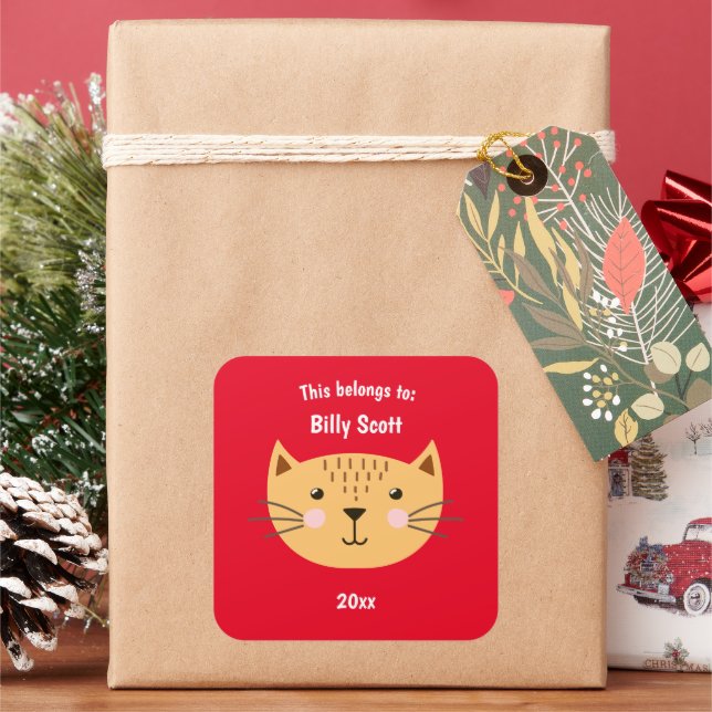 This Belongs to Back to School Kitty Cat Face Red Square Sticker (Holiday)