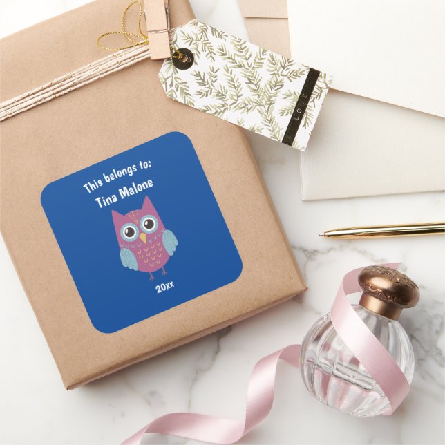 This Belongs to Back to School Purple Owl Blue Square Sticker (Gifting)