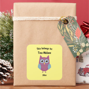 This Belongs to Back to School Purple Owl Yellow Square Sticker