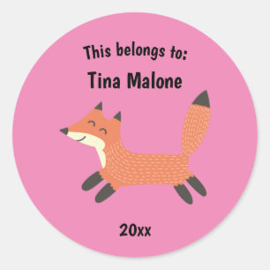 This Belongs to Back to School Running Fox Pink Classic Round Sticker