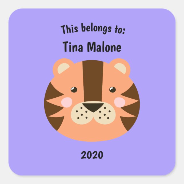 This Belongs to Back to School Tiger Face Purple Square Sticker (Front)