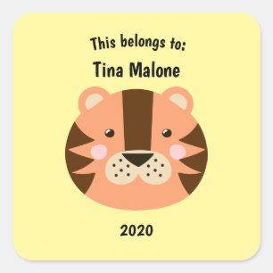 This Belongs to Back to School Tiger Face Yellow Square Sticker