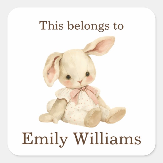 This Belongs to Custom Preschool Girl Bunny Rabbit Square Sticker (Front)