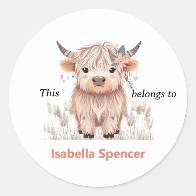 This Belongs To Girly Cute Modern Highland Cow Classic Round Sticker (Front)