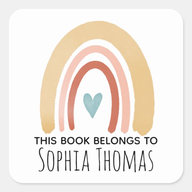 'This Book Belongs' Boho Rainbow Kids Bookplate Square Sticker (Front)