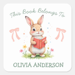 This Book Belongs Cute Bunny Name School Book Square Sticker