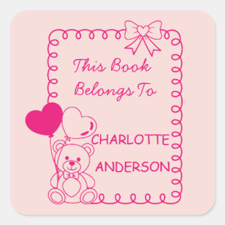 This Book Belongs Girl Pink Bookplates  Square Sticker