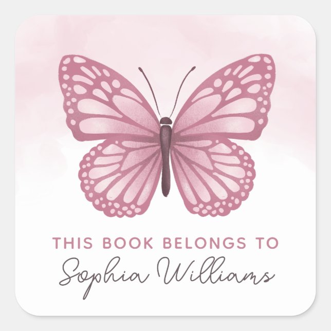 'This Book Belongs' Pink Butterfly Kids Bookplate Square Sticker (Front)