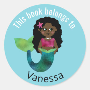 This Book Belongs To African American Mermaid Girl Classic Round Sticker
