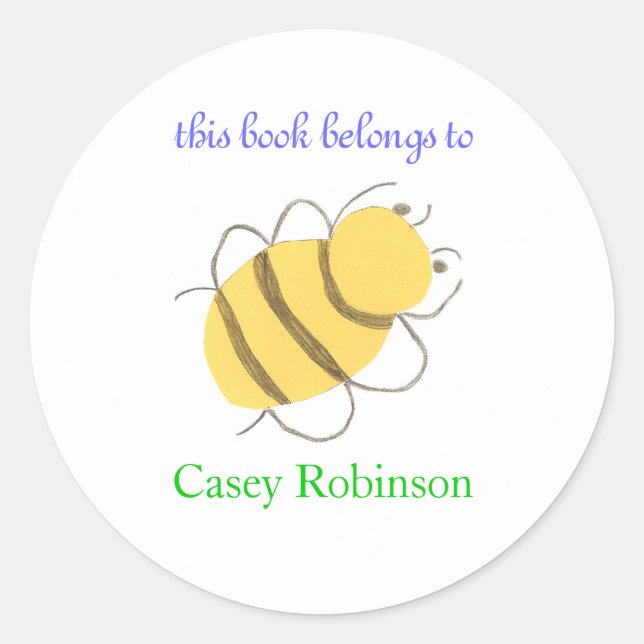 "This book belongs to" bee bookplate sticker (Front)