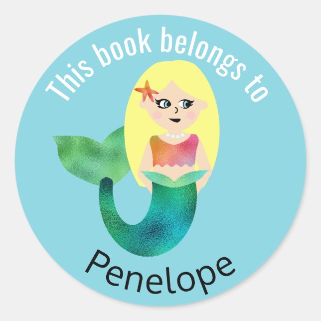 This Book Belongs To Blonde Faux Foil Mermaid Classic Round Sticker (Front)