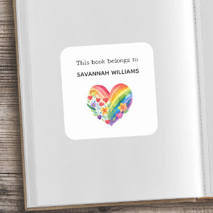 This Book Belongs To Bookplate Rainbow Heart Kids Square Sticker