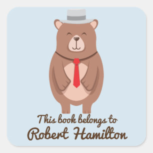 THIS BOOK BELONGS TO BROWN BEAR RED TIE SQUARE STICKER