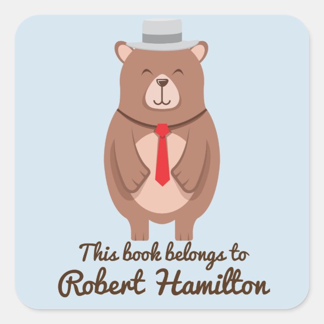 THIS BOOK BELONGS TO BROWN BEAR RED TIE SQUARE STICKER (Front)