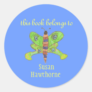 "This book belongs to" butterfly bookplate Classic Round Sticker