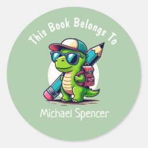This Book Belongs To Cute Boys Dinosaur Green Classic Round Sticker