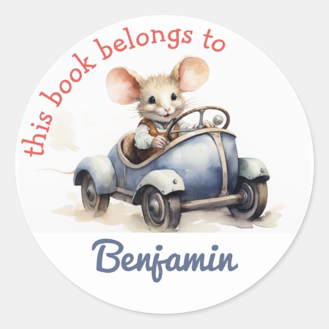This Book Belongs To - Cute Mouse in a Car Kids  Classic Round Sticker (Front)