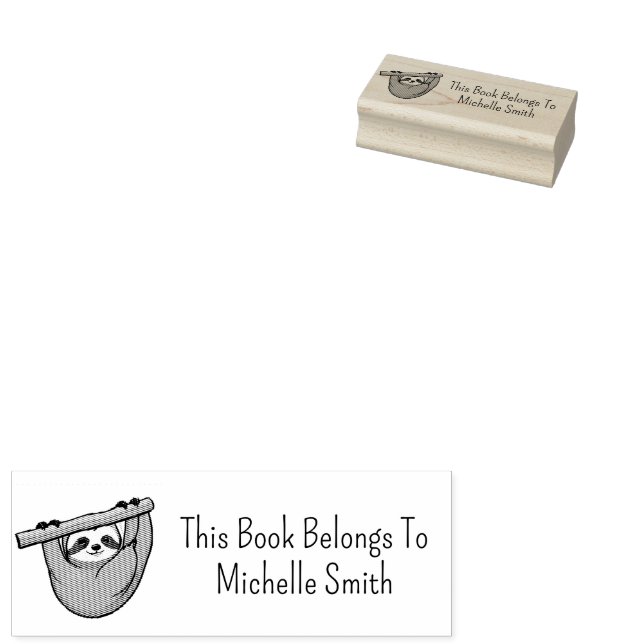This Book Belongs To cute Sloth on a Branch Custom Rubber Stamp (Stamped)