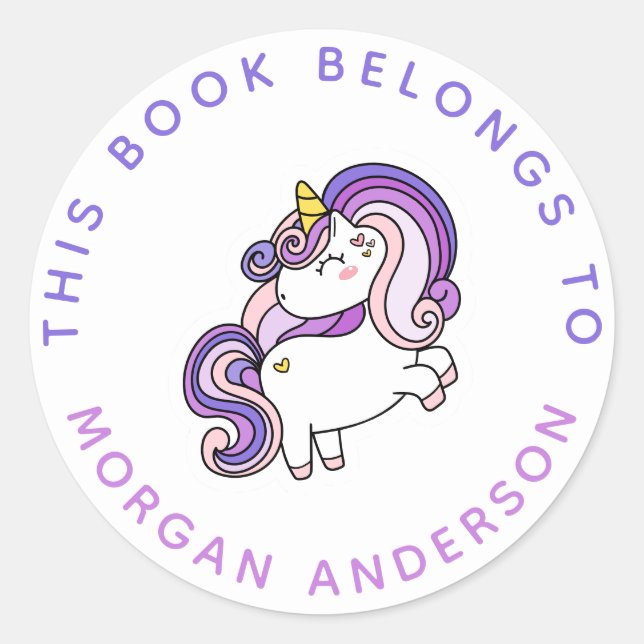 This Book Belongs to | Cute Unicorn Bookplate Classic Round Sticker (Front)