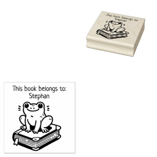 This Book Belongs To" Frog on Book  Rubber Stamp