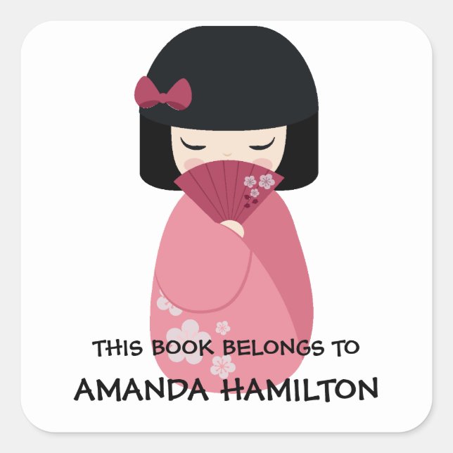 THIS BOOK BELONGS TO Kokeshi Doll Japanese Geisha Square Sticker (Front)