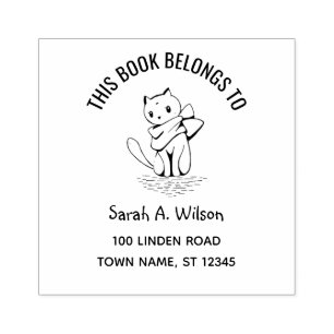 This Book Belongs to Name Address Bookplate Cat Rubber Stamp