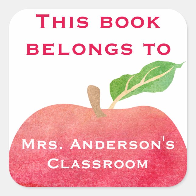 This Book Belongs To Personalised Classroom Apple Square Sticker (Front)