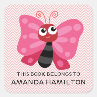 THIS BOOK BELONGS TO PINK CUTE BUTTERFLY SQUARE STICKER