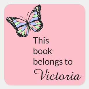 This Book Belongs to PInk with Butterfly Square Sticker