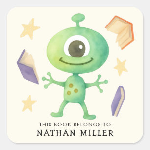 This Book Belongs To Space Alien Kid's Bookplate Square Sticker