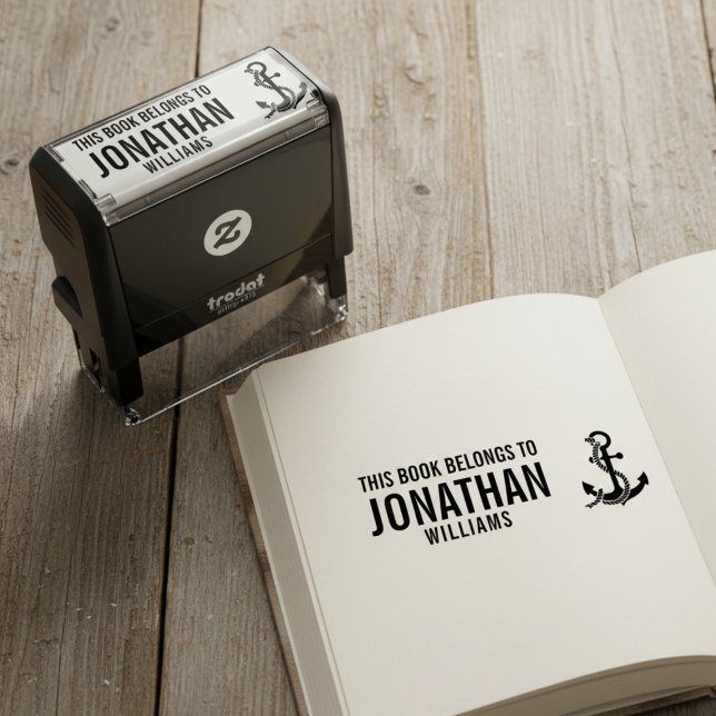 This Book Belongs To Stamp with Anchor (This book belongs to custom name pre inked stamp with nautical anchor.)