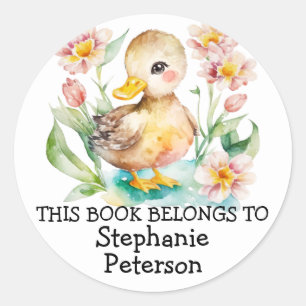 This Book Belongs To - Watercolor Baby Duck Classic Round Sticker