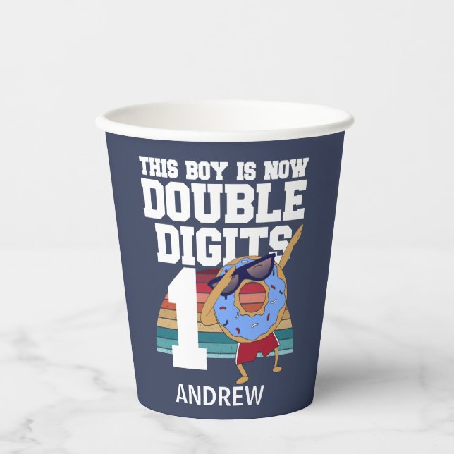 This Boy is Now Double Digits Funny 10th Birthday Paper Cups (Front)