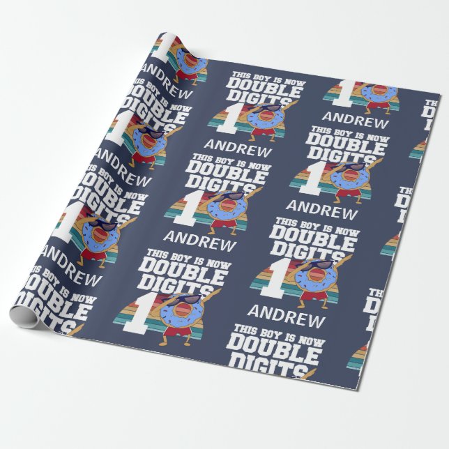 This Boy is Now Double Digits Funny 10th Birthday Wrapping Paper (Unrolled)