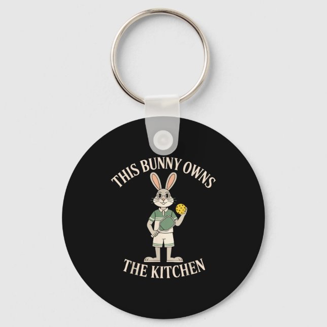 This bunny owns the kitchen rabbit humour pickleba key ring (Front)