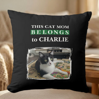 This cat mum belongs to name photo black green cushion